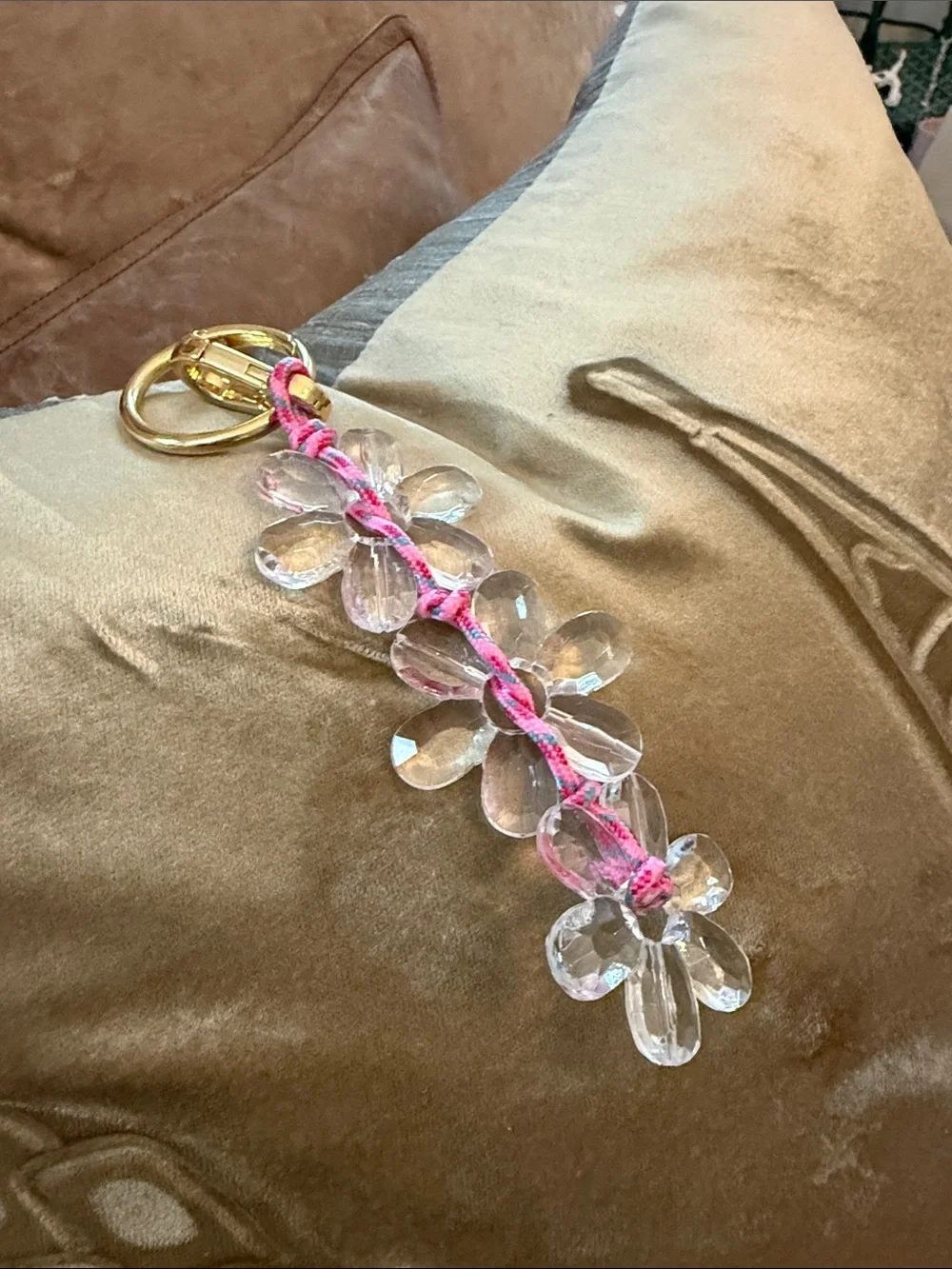 Clear Crystal Flower Keychain with Pink Cord